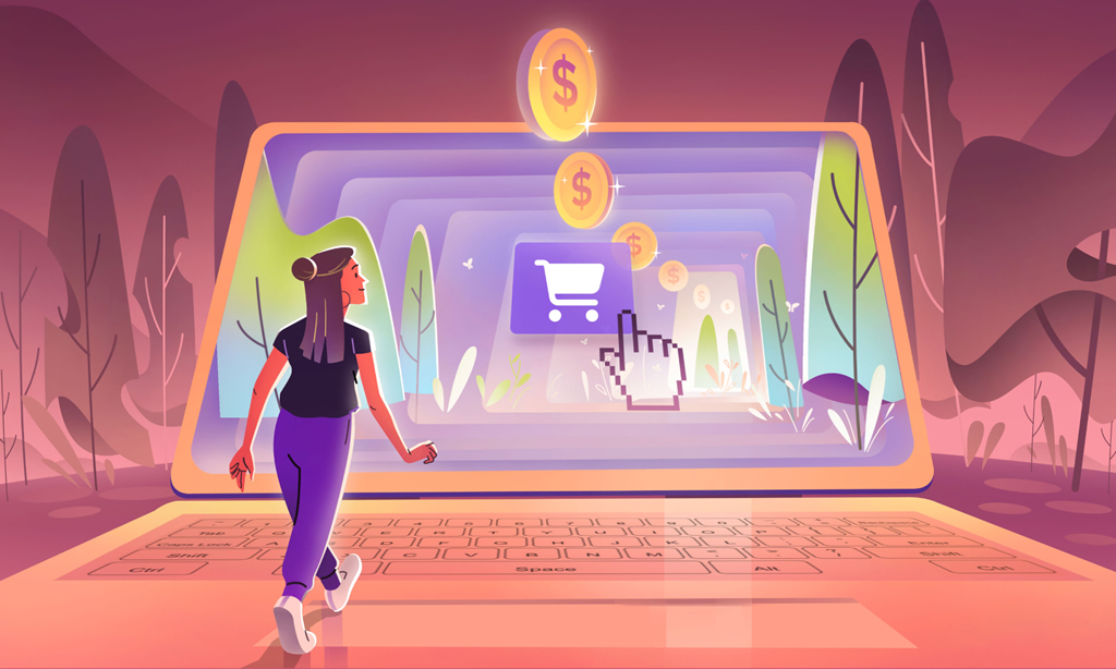 woman walking towards an online checkout which is depected as a laptop with a cart and coins floating on the screen.