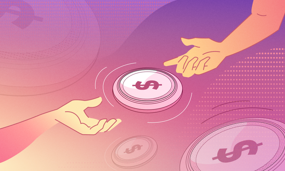 Hands extending to transfer a coin representing the exchange of money through wire transfer or ACH transfers.