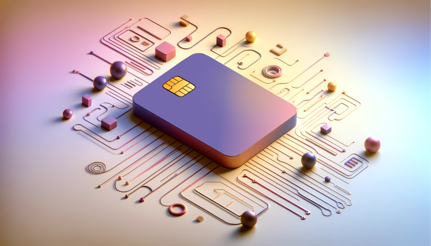A 3d render of a credit card surrounded by circuits on a colored gradient