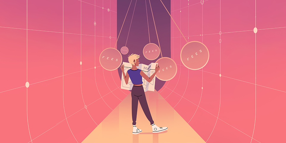 Illustration of a merchant looking at a map and fees