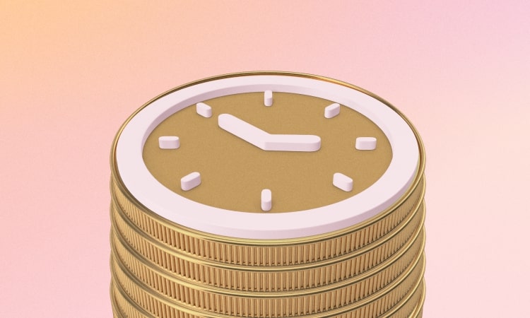 Abstract concept of a stack of coins and a clock on top to signify time is money