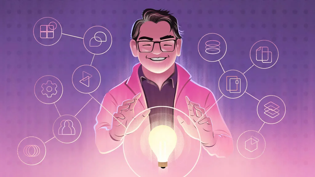 Dagan Cardinal, head of product at Helcim, pictured holding a lightbulb with a web or concepts floating around him. 