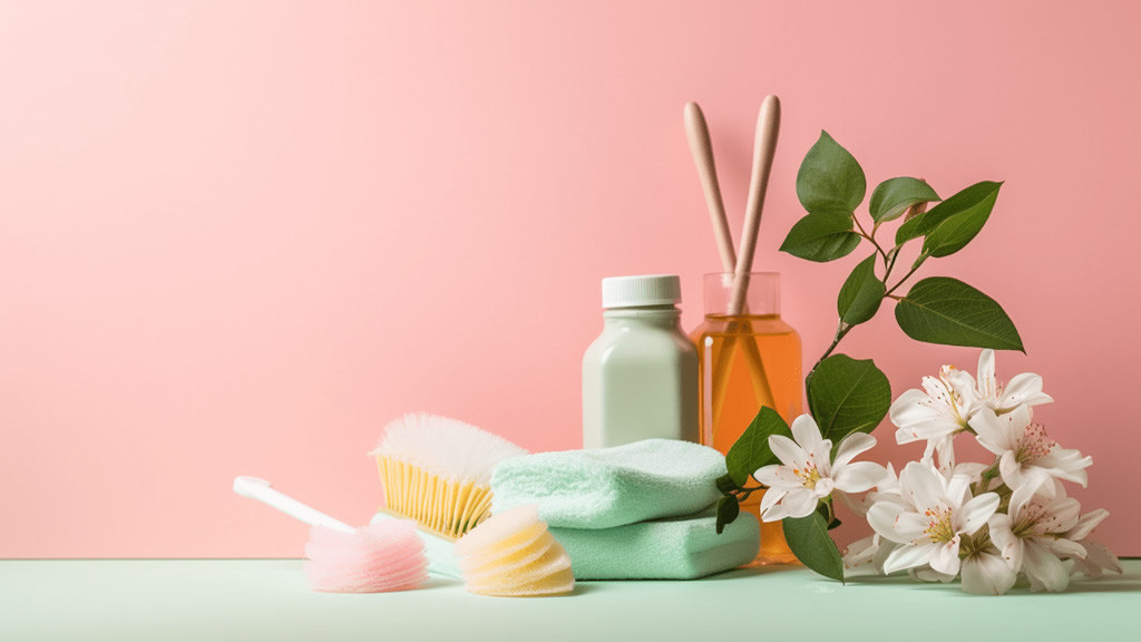 Laptop on a desk next to a duster