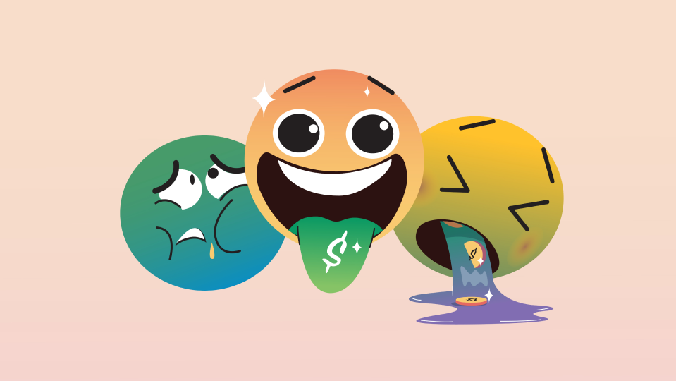 three emojis disgust, happy with money, puking