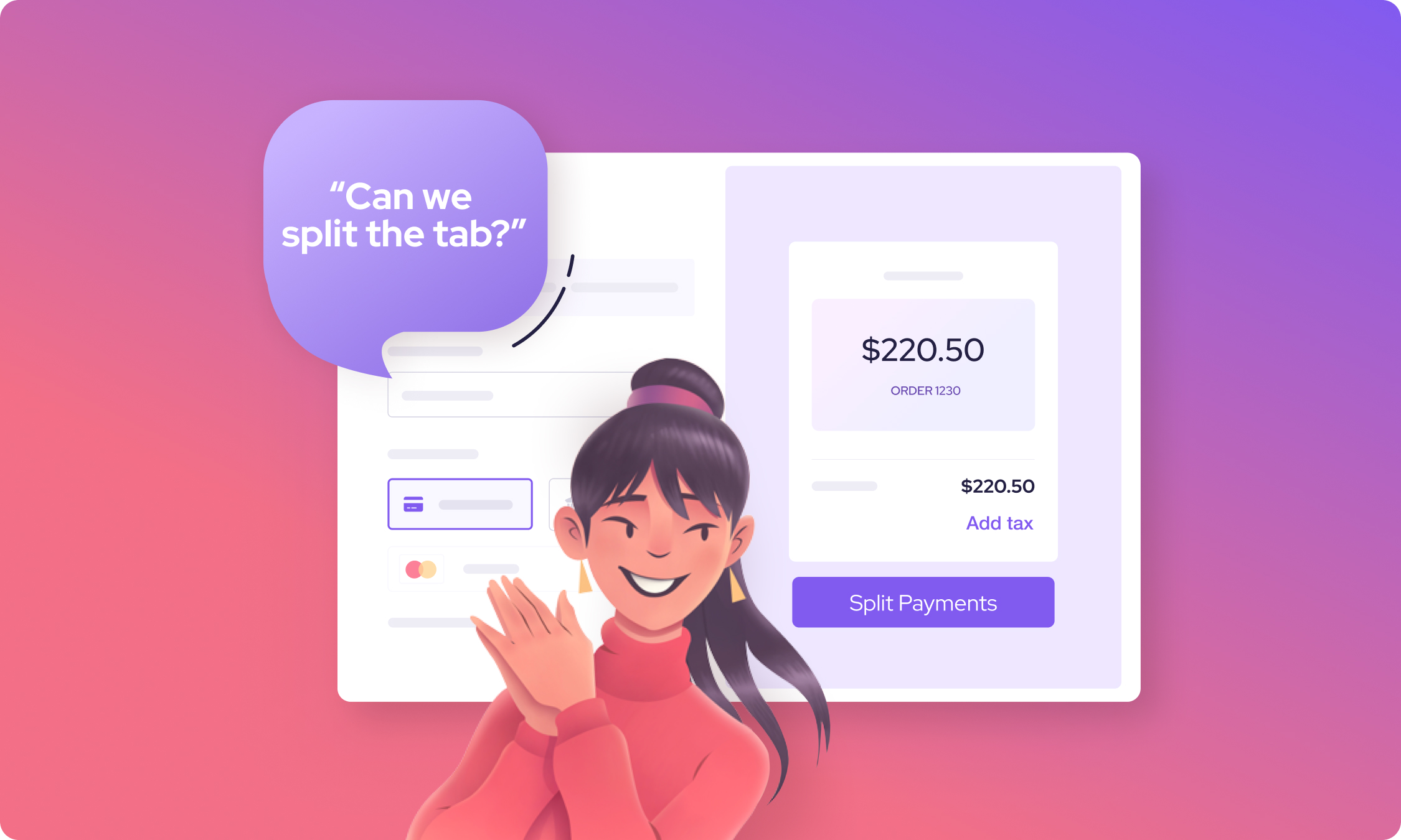 Illustrated payment modal with a customer asking to split a tab