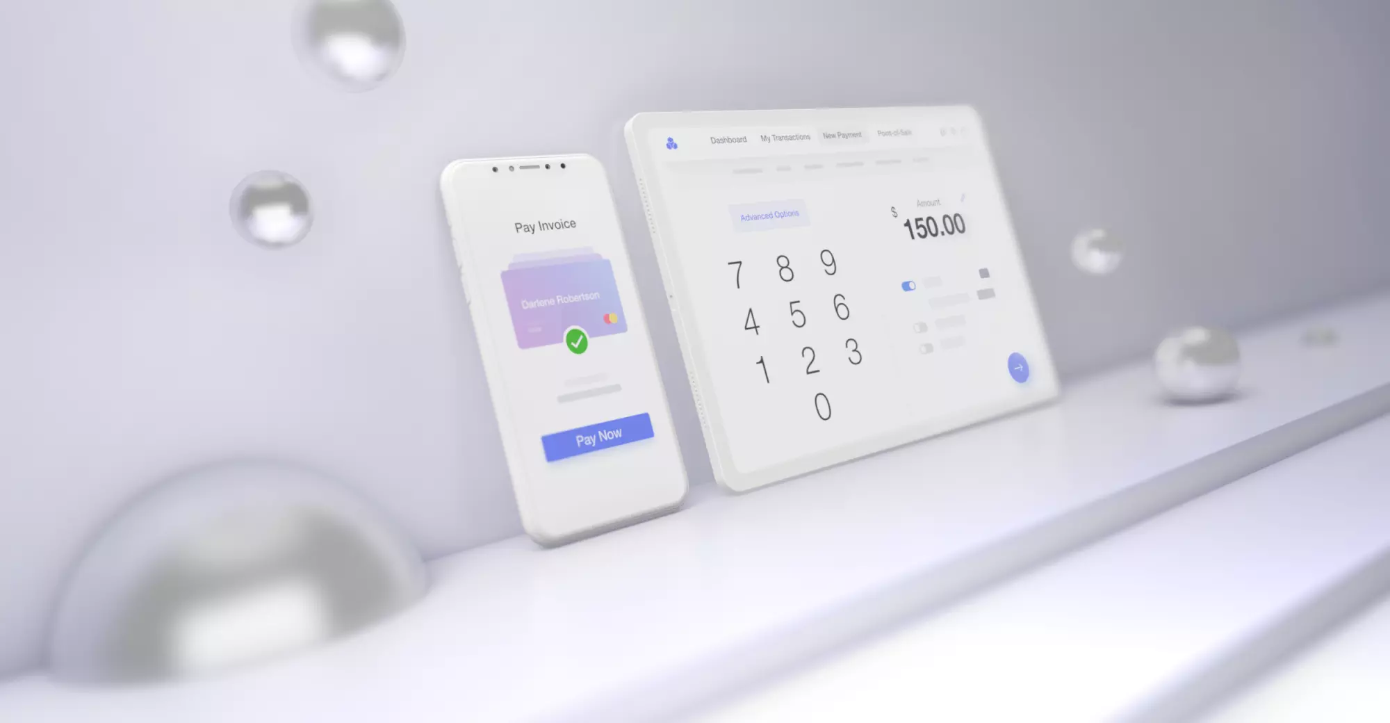 payment platform interface displayed on a phone and a tablet