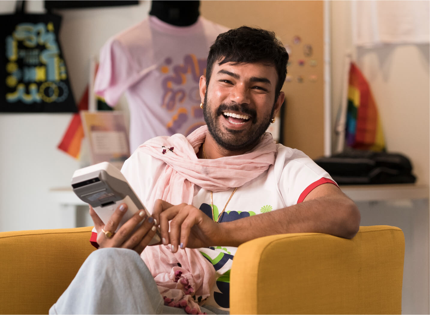 The man is giving an interview