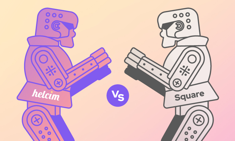 Two robots face off in a battle, Helcim vs. Square. 
