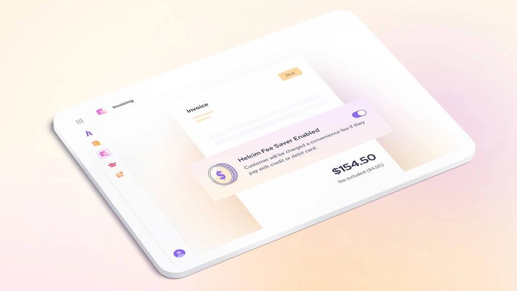pink white and orange gradient with a tablet graphic and the homepage of Helcim Fee Saver tool open and enabled