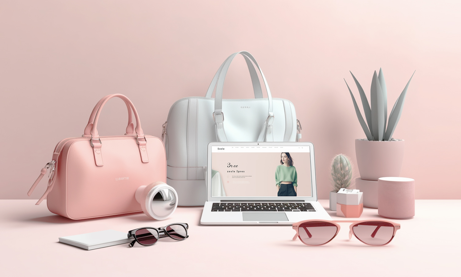 pink background with bags, sunglasses, plants, and laptop