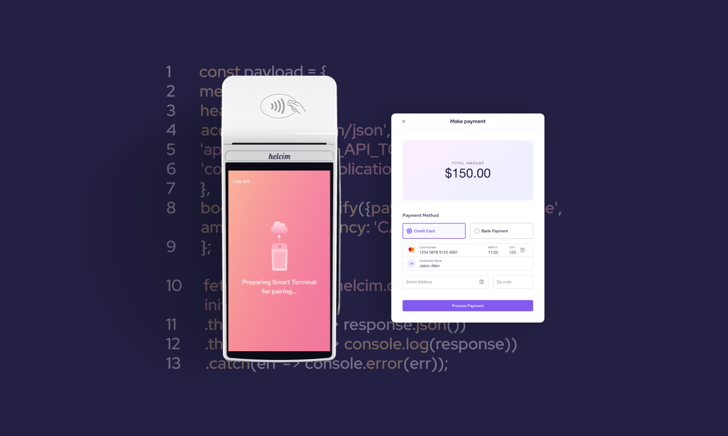 A person driving a pencil towards a projected Helcim logo