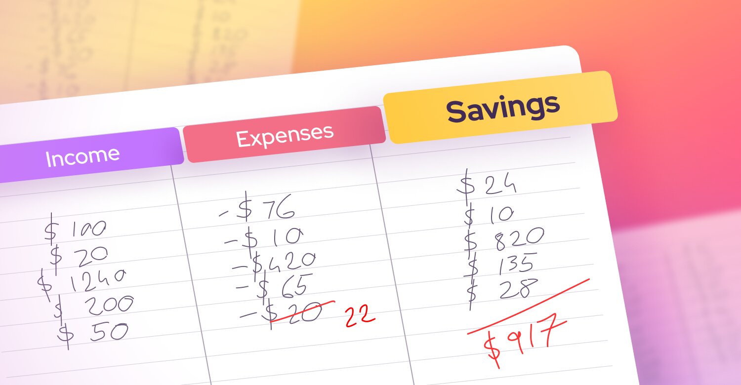 A sheet with Income, expenses, savings, and some math written on it