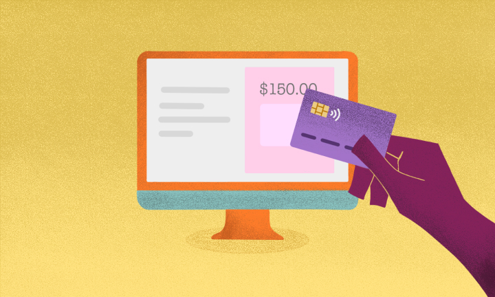 An illustration of a person tapping a credit card to a pos device