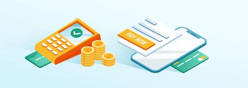 cardreader with coins stacked beside it and a phone taking payment from a credit card next to that